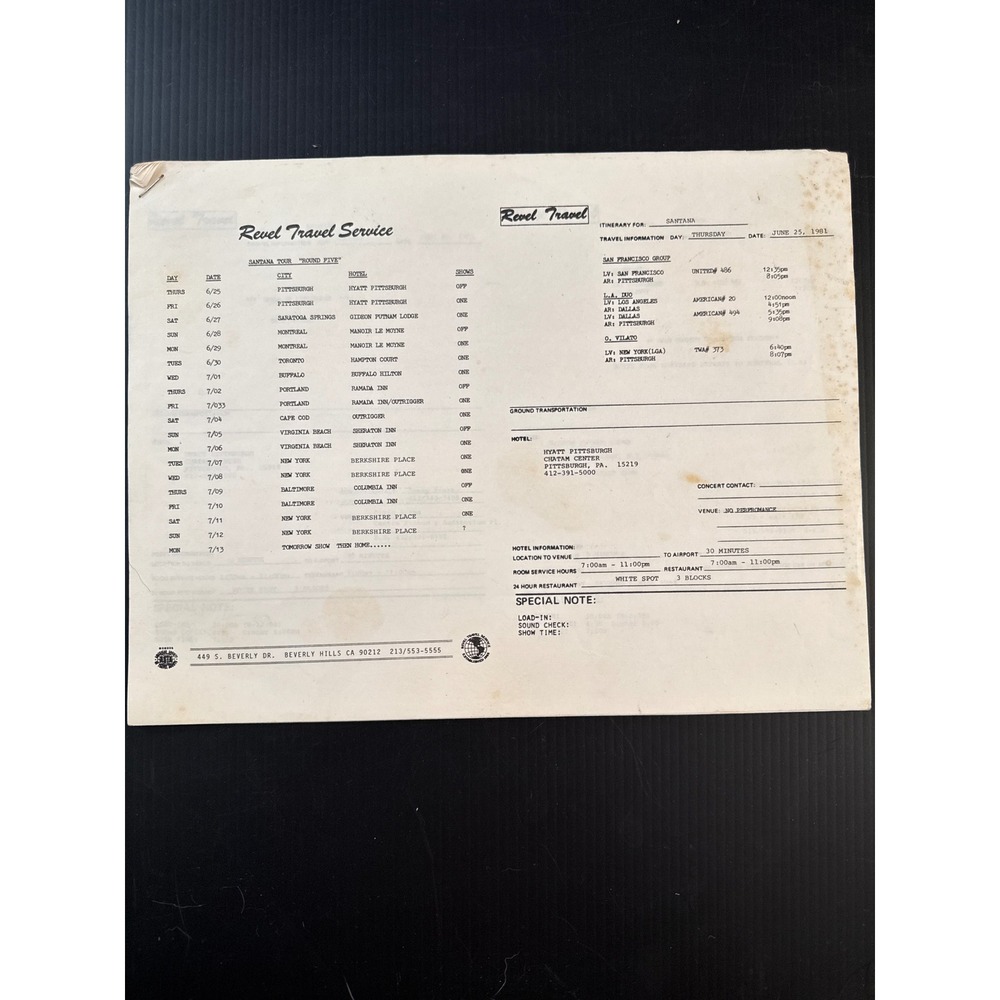 Vintage 1981 Santana Round Five Tour Itinerary Revel Travel Service Memorabilia
